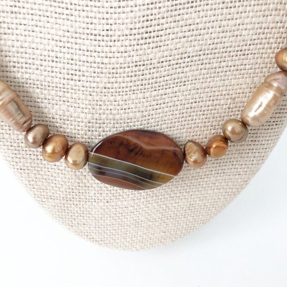 NWT Genuine Agate & Pearl Necklace Beaded Brown Bronze-Colored - Picture 3 of 6